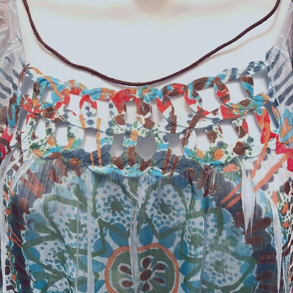 Bongo-Women's Sheer Short Flowy Sleeves Top-Necklace Built in-Med-Blue Boho - Picture 7 of 16